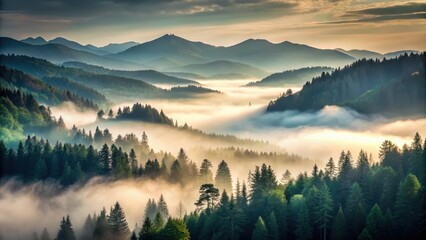 Serene Sunrise Over Misty Mountain Forest, Illuminating Verdant Peaks and Valleys with Golden Light