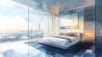 Luxurious city skyline bedroom with panoramic views at dawn in a modern high-rise apartment