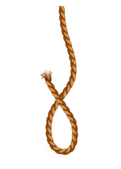 Hanging rope with tassel. Knitted nautical thread or marine vertical fiber. Textile tassel hang at rope isolated on white background. Vector illustration