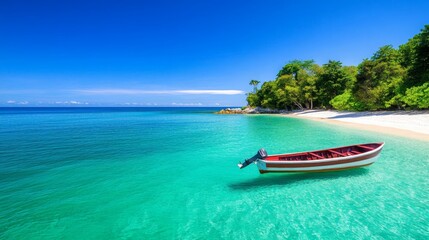 Serene Tropical Beach Scene Red Boat on Turquoise Water