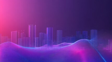 Futuristic city skyline at night, depicted with vibrant neon colors and abstract wave.