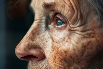 Naklejka premium Profile of elderly woman highlighting wrinkles, age spots, and the effects of time on skin