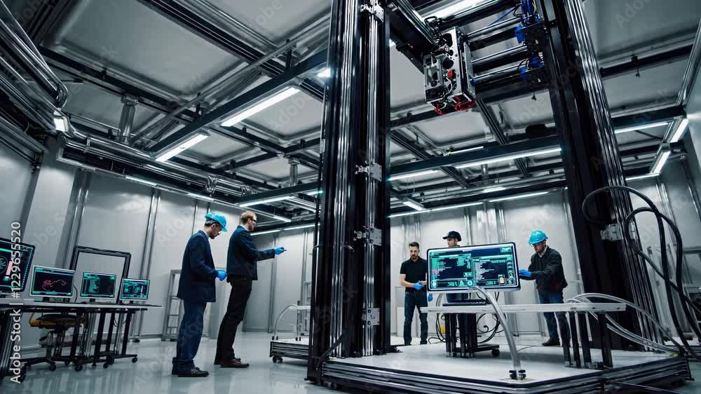 Poster experts collaborate in a high-tech lab with futuristic equipment and holographic displays
