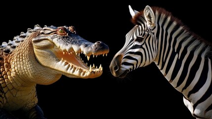 Crocodile and Zebra Face-Off Striking Contrast of Power and Grace on a Black Background