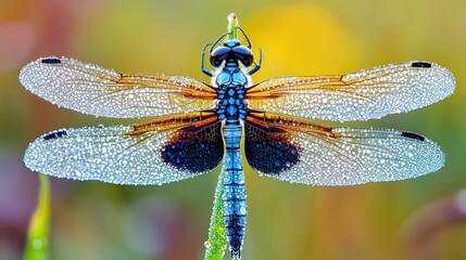 Close-Up of a Dragonfly Resting on a Blade of Grass with Dew Drops in a Colorful Natural Setting