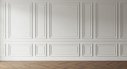 A classic white wall with elegant panel molding and a herringbone wooden floor, creating a sophisticated and timeless interior with a minimal yet luxurious aesthetic.