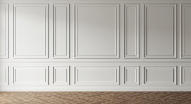 A classic white wall with elegant panel molding and a herringbone wooden floor, creating a sophisticated and timeless interior with a minimal yet luxurious aesthetic.
