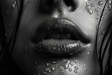 A woman's face is covered in water droplets, with her lips painted red. Concept of freshness and rejuvenation, conveys a sense of beauty, freshness, sensuality, and tenderness.