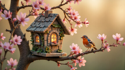 Charming Birdhouse with a Colorful Bird and Blossoming Flowers