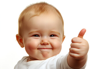 Portrait of a happy, smiling baby showing a thumbs-up gesture, isolated on a white background. Detailed photograph, professional color grading, and clear, sharp focus. 