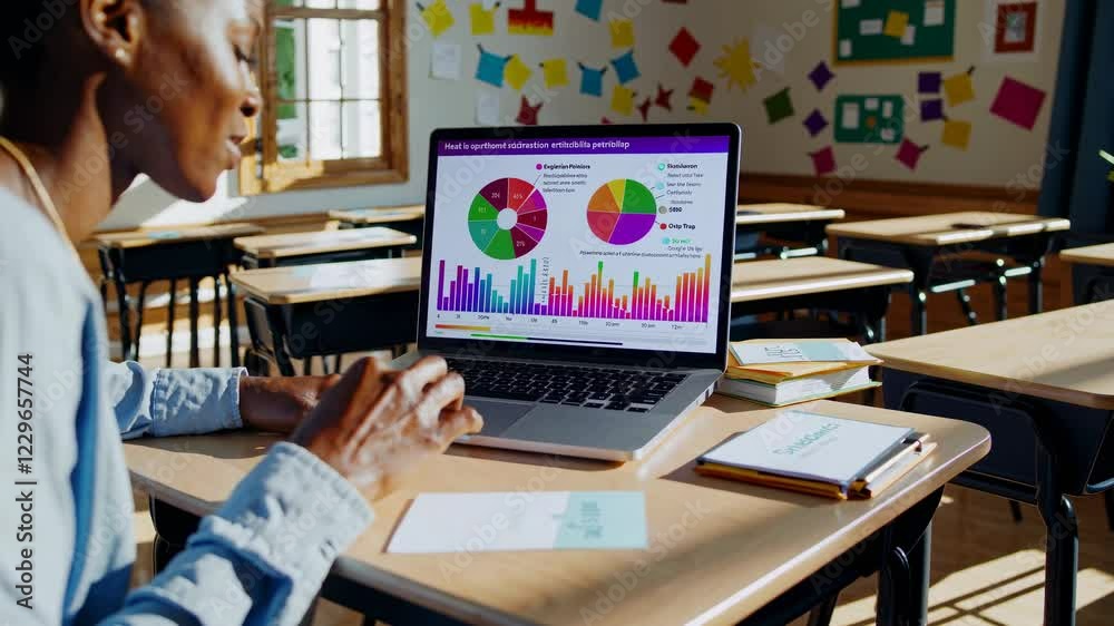 Poster Exploring data analysis and visualization in a bright classroom setting with advanced VFX and HUD elements