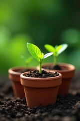 Tiny green shoots emerging from small terracotta pots, nature, botanical, greenery
