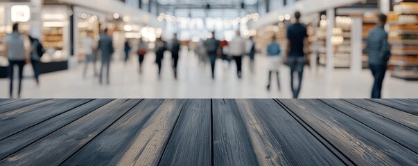 Obraz premium Wooden Tabletop Display in Blurred Modern Shopping Mall Background
