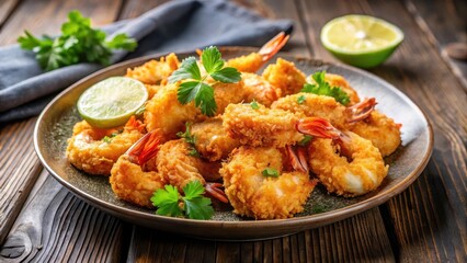 Fototapeta premium Crispy coconut shrimp prawns served on a plate garnished with fresh herbs and lemon wedges, food, seafood, food