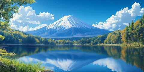 Majestic mount fuji reflection over serene lake japan nature landscape photography vibrant scenic view tranquil environment natural beauty