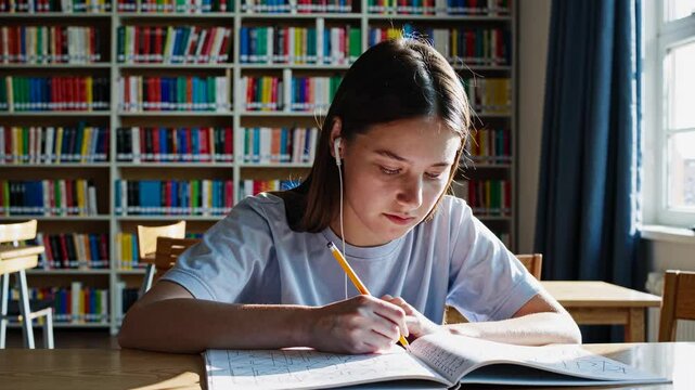 Focused study session in a library with natural light illuminating the workspace
