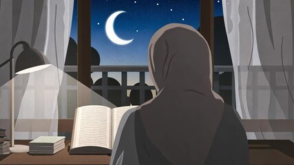 Islam Quran examination concept, A person reading by a moonlit window