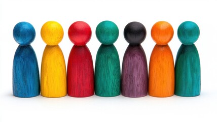Colorful Wooden Peg Dolls in a Row Diversity Teamwork Unity Concept