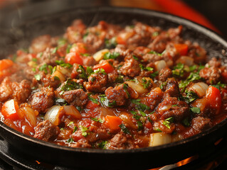 Meat searing on a hot surface, captured in a food photo