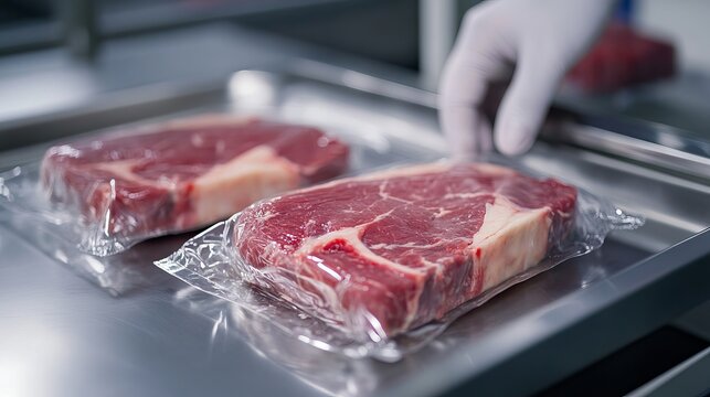 Gloved hand placing vacuum-packed beef steaks on kitchen counter for meal preparation, fresh meat packaging and culinary concepts.