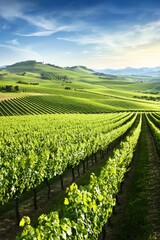 Fototapeta premium Lush Green Vineyard Under a Blue Sky