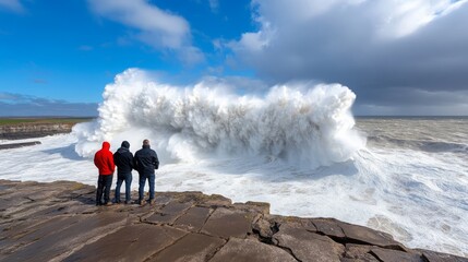 Dramatic Ocean Waves Crashing on Rocky Coastline Three People Watch in Awe