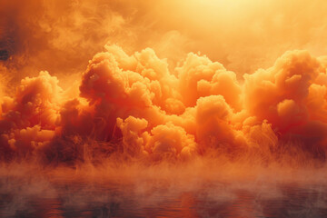 Vibrant orange smoke rises from a smoke bomb, creating a captivating backdrop against the glowing sunset. The scene enhances the atmosphere of an outdoor gathering, highlighting an exciting moment.