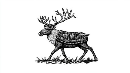 Obraz premium Black And White Reindeer Illustration Walking Profile View