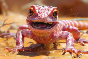 A bright pink lizard scampers joyfully along a golden desert terrain, showcasing its vibrant colors and playful attitude amidst the sandy backdrop of a sunlit afternoon.