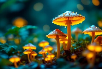 Fototapeta premium Glowing Orange Mushrooms in Enchanted Forest With Magical Lighting and Atmosphere