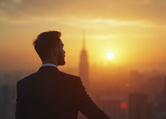 Fototapeta premium Bearded Business Man In Suit Gazing At Sunset Over City Skyline, Evoking Contemplation And Professionalism And Symbolizing New Beginnings
