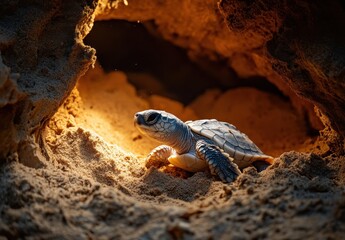 Obraz premium Newborn turtle emerging from sandy nest under warm glow of sunlight, natural habitat showcasing wildlife's beauty and delicate ecosystem in coastal environment.