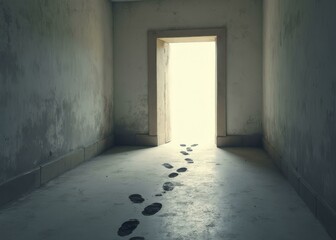 Fototapeta premium Empty Dimly Lit Room With Dark Footprints Leading To Bright Light, Creating Mystery And Intrigue Through Shadows And Contrast