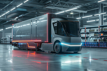 A futuristic truck with neon lights is parked in a warehouse, energy efficient and environmentally friendly concept.