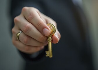 Close-Up Of Hand Holding Vintage Ornate Brass Key, Symbolizing Security, Access, And Professional Authority