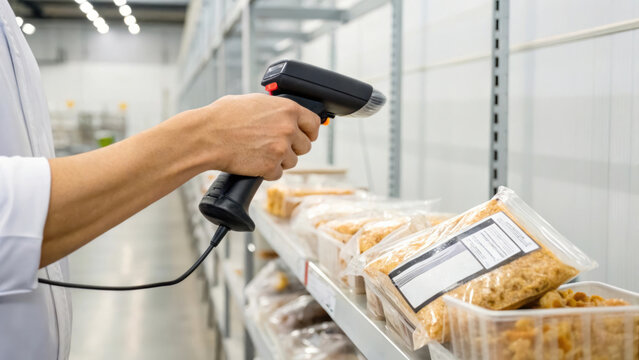 Scanning packaged food items in warehouse with barcode scanner