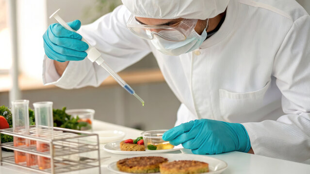 lab worker carefully adds chemical solution to food samples in laboratory setting, showcasing precision and attention to detail