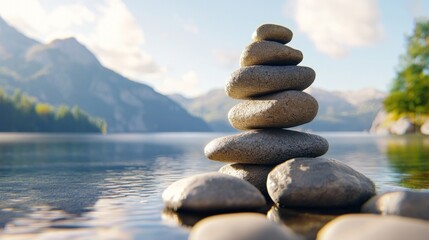 Balanced Grey Stones by Calm Lake with Mountain Background