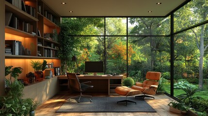 Fototapeta premium Modern home office with greenery and natural light