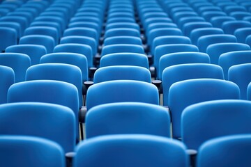 Fototapeta premium Rows of empty blue chairs in large auditorium awaiting audience