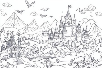 Naklejka premium Enchanted Mountain Castle Coloring Page