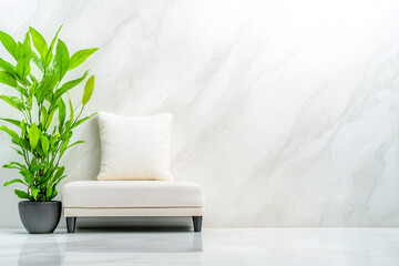 minimalist living space featuring white sofa with cushion beside green plant in pot against marble wall. serene atmosphere invites relaxation and tranquility
