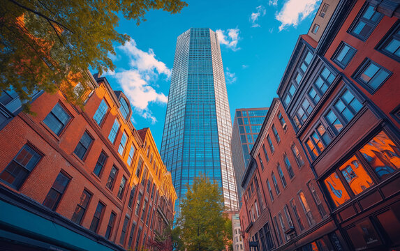 Fototapeta Low-angle photograph of city buildings in downtown Boston, seen from street level.