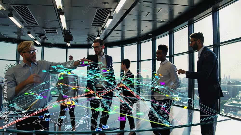 Poster innovative team collaboration in a futuristic workspace with holographic displays and vfx technology