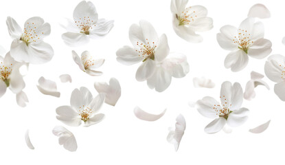 Delicate white cherry blossom flowers and petals floating on a transparent background, representing spring, nature, and floral beauty