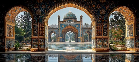Obraz premium Symmetrical Arcade Overlooking Tranquil Pool with Domed Building in the Background