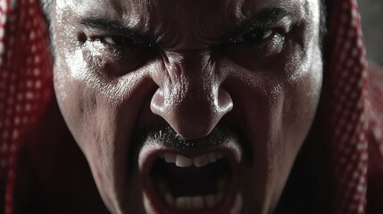 Obraz premium Close Up Angry Man Portrait Low Light Intense Yelling Expression