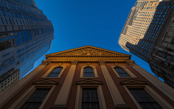 Fototapeta Low-angle photograph of city buildings in downtown Boston, seen from street level.