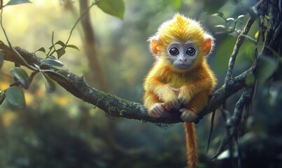 Fototapeta premium Adorable Golden Monkey in Lush Tropical Forest