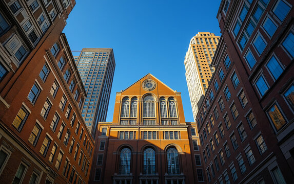 Fototapeta Low-angle photograph of city buildings in downtown Boston, seen from street level.